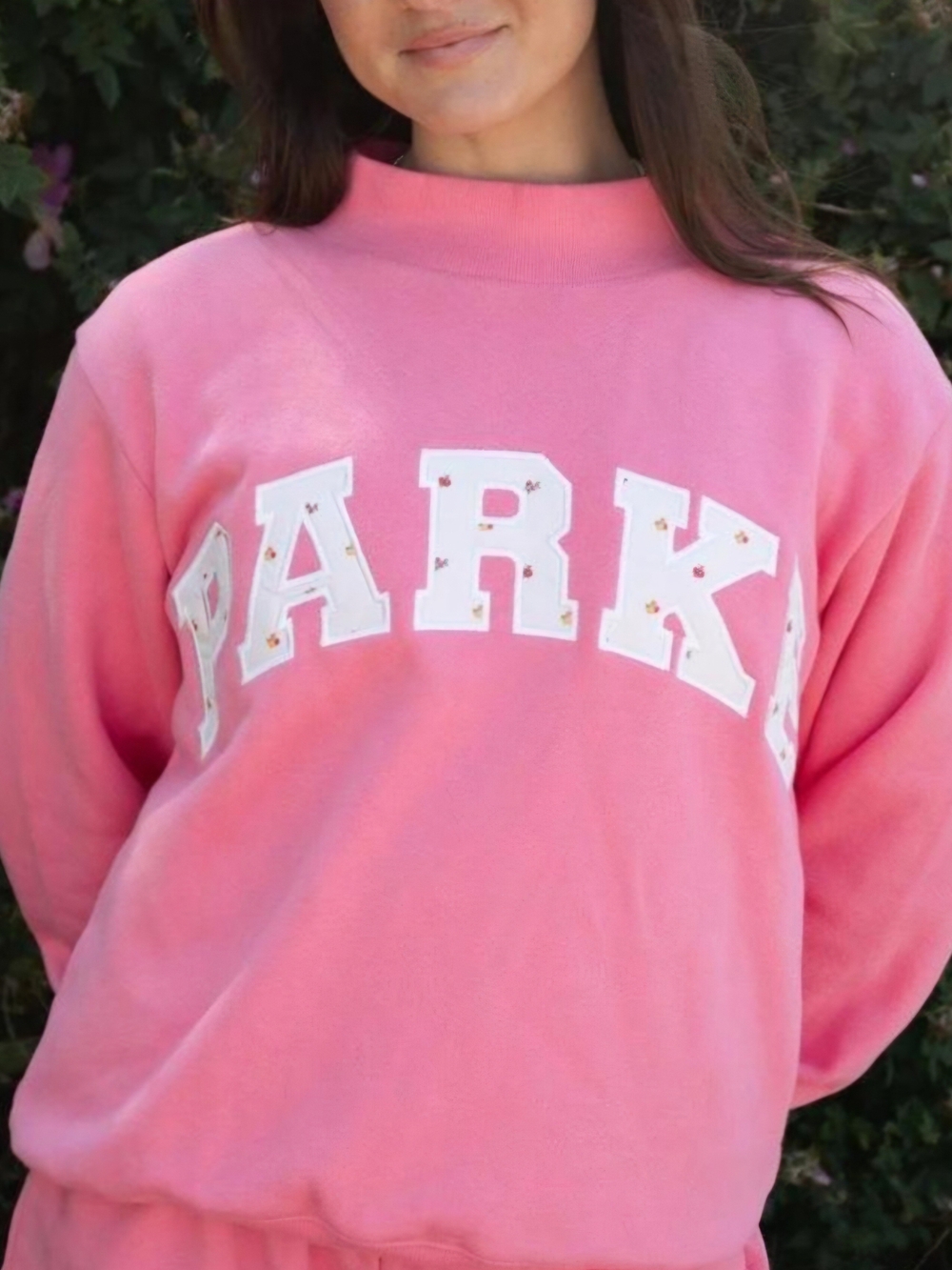 PARKE Varsity Mockneck Heritage Sweatshirt in Bloom Sunset Floral Pink